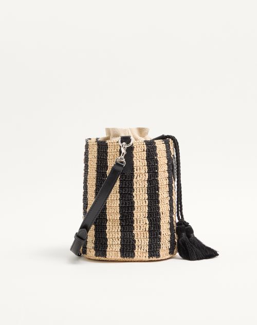 Valentino Garavani - Valentino Garavani Small Striped Raffia Bucket Bag - Natural/black - Woman - Shoulder Bags